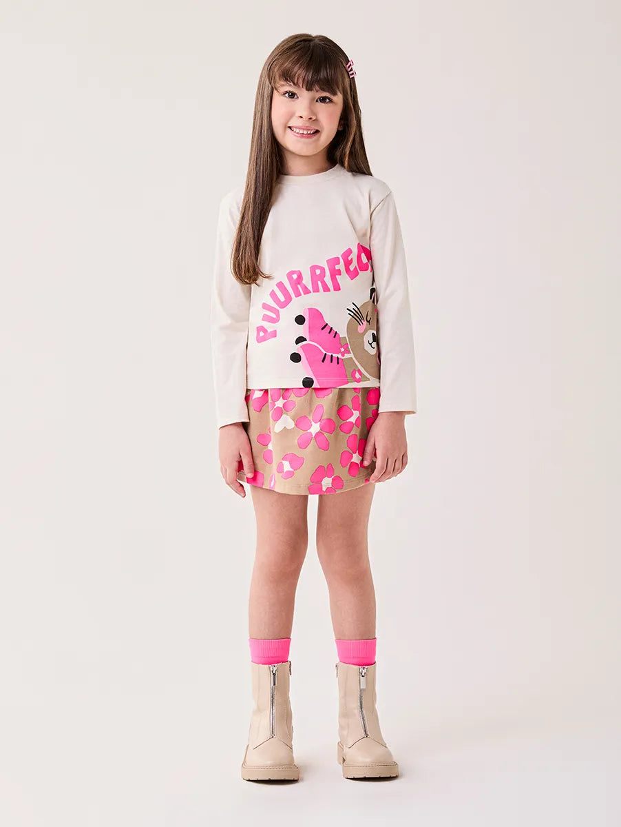 Conjunto Infantil Bimbi Inverno com Shorts Saia Blusa Manga Longa Bege Oncinha