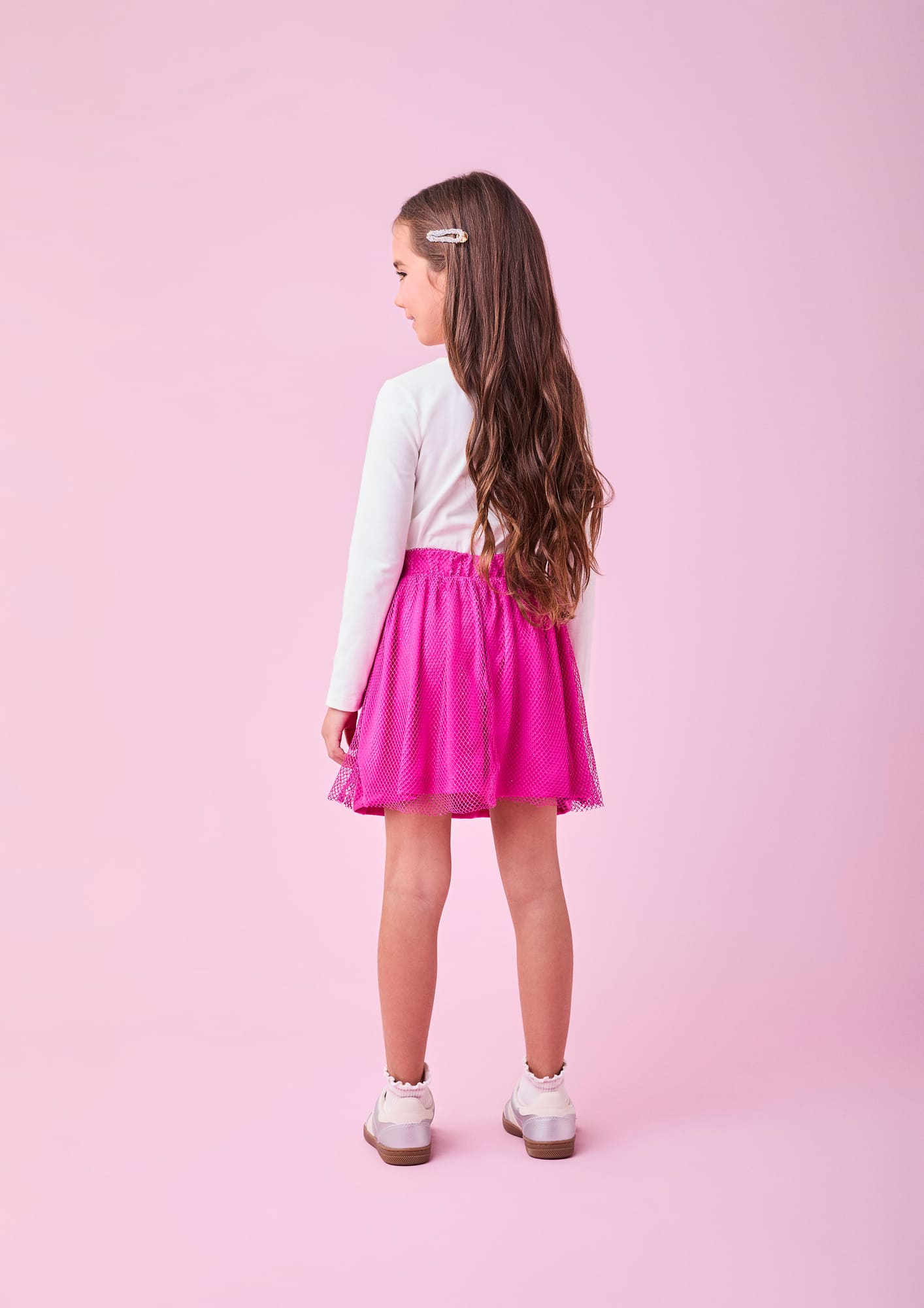 Conjunto Infantil Momi Inverno com Saia Rosa em Tela e Blusa Branca com Strass