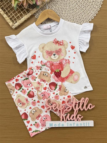 Conjunto Infantil Kukiê Verão com Shorts Ciclista e Blusa Branca Ursinha Moranguinho