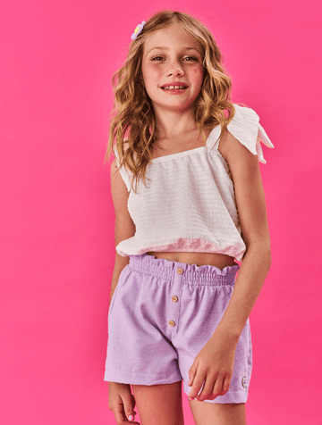Conjunto Infantil Cinti Verão Shorts Lilas e Cropped Branco