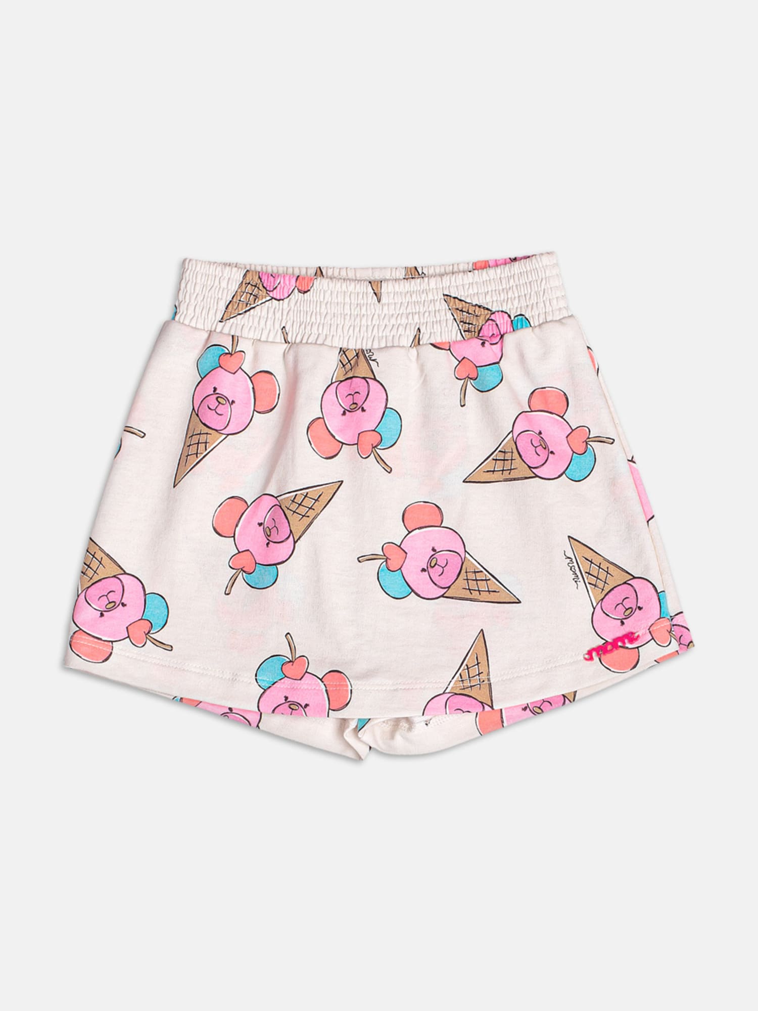Conjunto Infantil Momi Verão com Shorts Saia Bege e Blusa Branca Ursinha com Strass