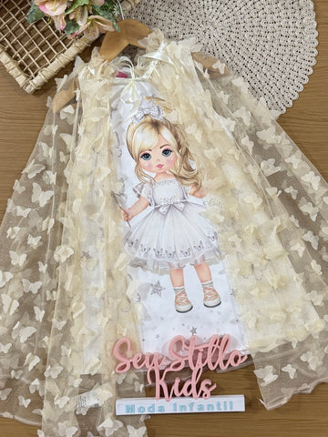 Vestido Infantil Cinti Verão Branco Princesinha com Sobreposição em Tule Borboletas