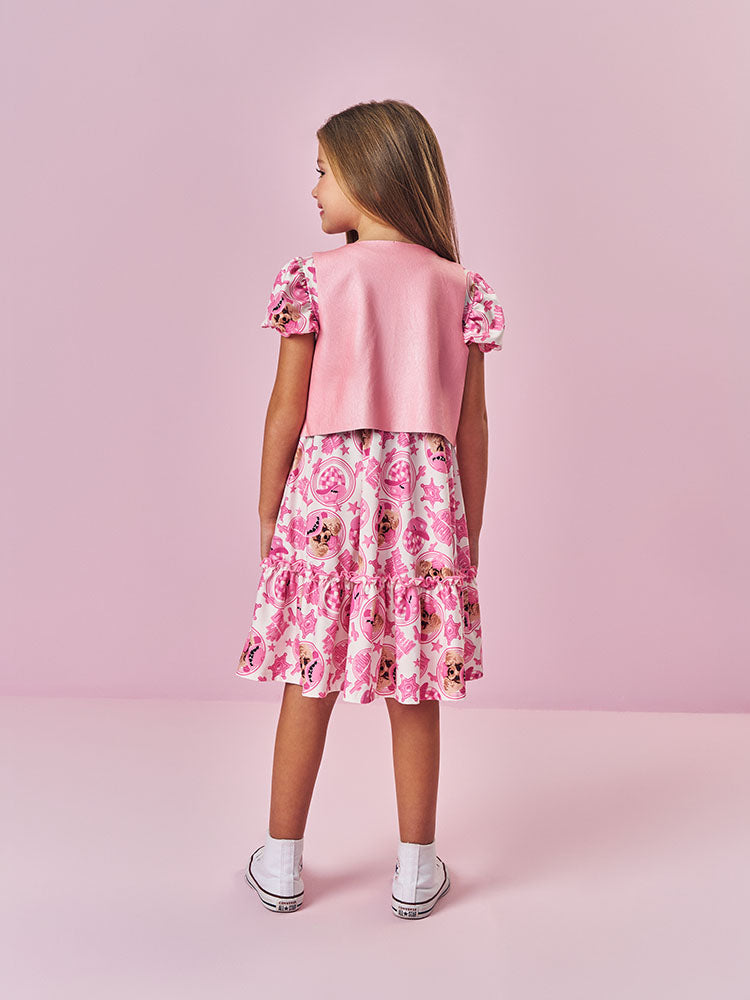 Vestido Infantil Cinti Verão Rosa Cachorrinha Cowboy com Colete