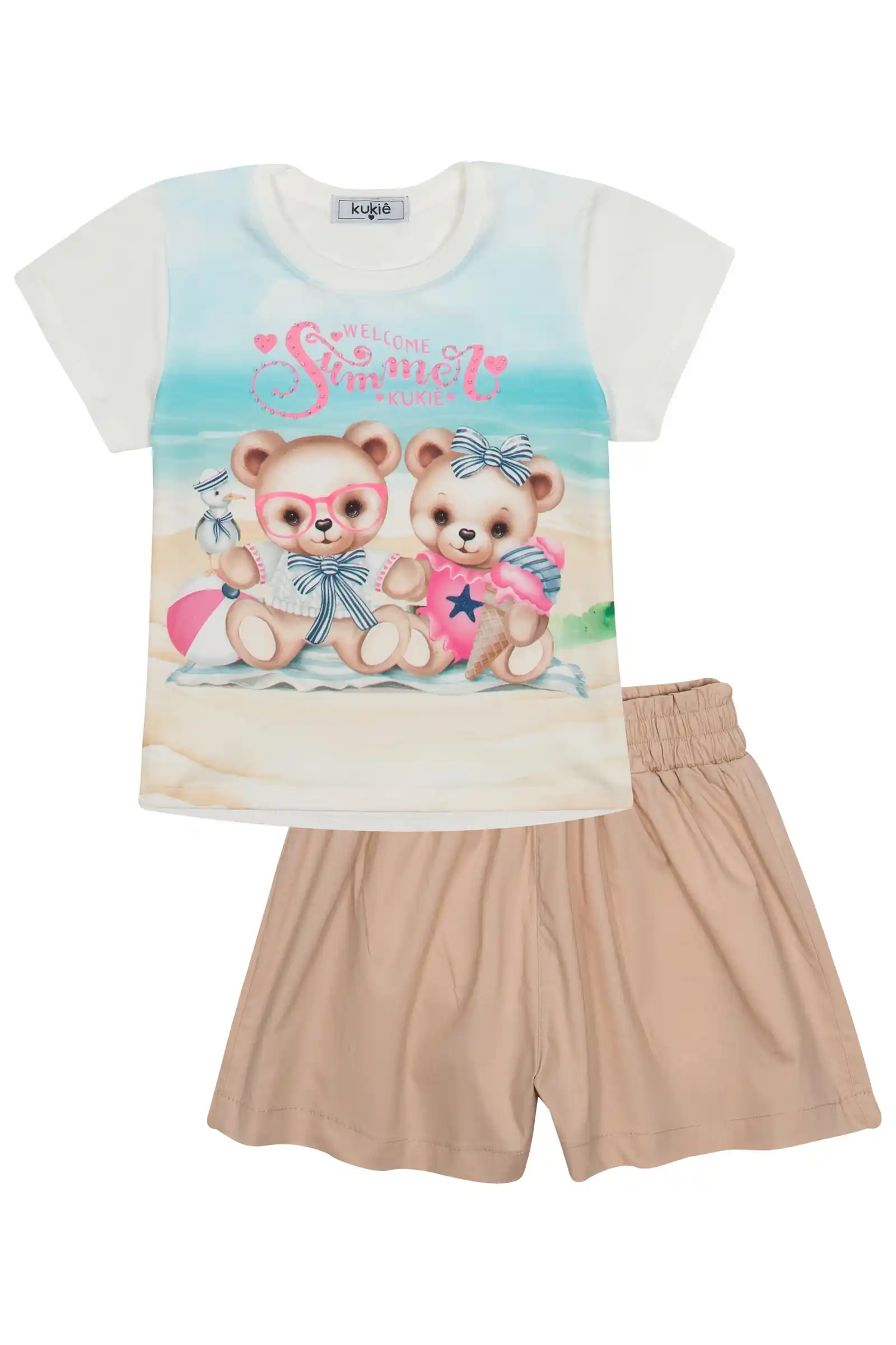 Conjunto Infantil Kukiê com Shorts Bege e Blusa Manga Curta Ursinhos na Praia
