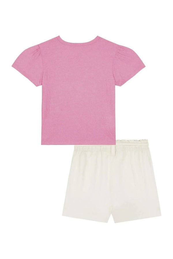 Conjunto Infantil Kukiê Verão com Shorts Off White e Blusa Rosa Coração Tricô