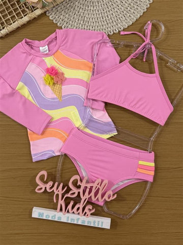 Biquíni Infantil Kukiê Verão Rosa com Blusa Manga Longa Sorvetinho
