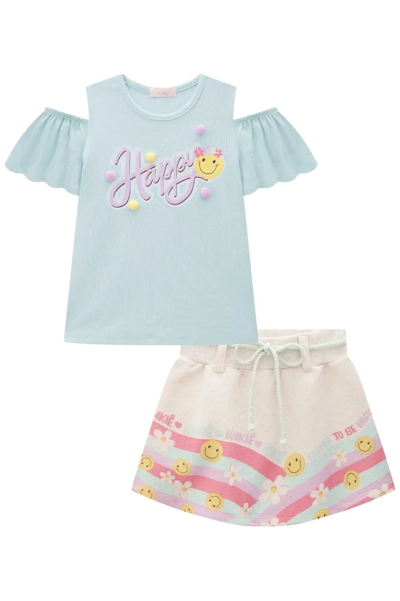 Conjunto Infantil Kukie Inverno com Short Saia e Blusa Azul Emoji