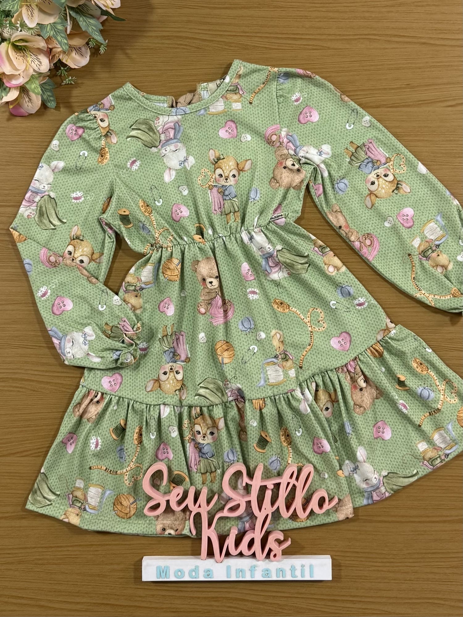 Vestido Infantil Kukiê Alecrim Inverno Verde Animais