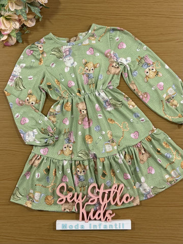 Vestido Infantil Kukiê Alecrim Inverno Verde Animais
