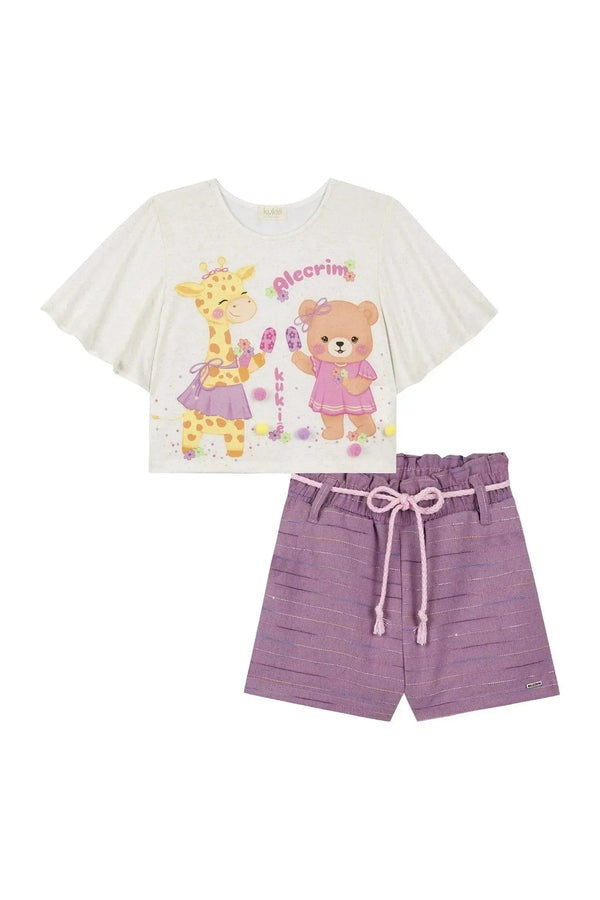 Conjunto Infantil Kukiê Verão com Shorts Roxo e Blusa Off White Ursinha e Girafa