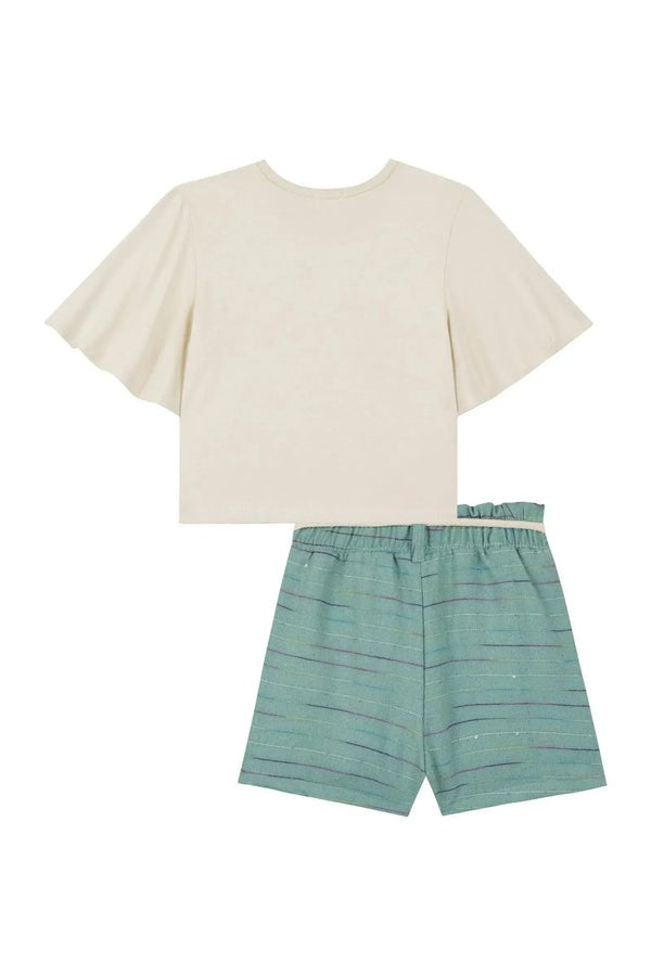 Conjunto Infantil Kukiê Verão com Shorts Verde e Blusa Bege Ursinha Borboleta