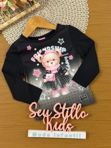 Blusa Infantil Cinti Inverno Manga Longa Térmica Preta Ursinha Friendship