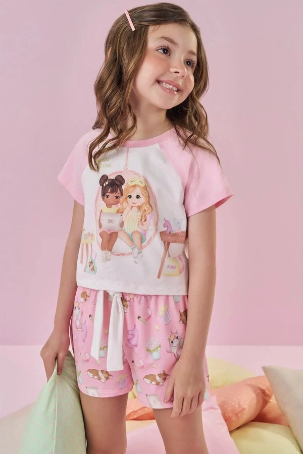 Pijama Infantil Kukiê Verão com Shorts Rosa e Blusa Branca Amiguinhas Festa do Pijama