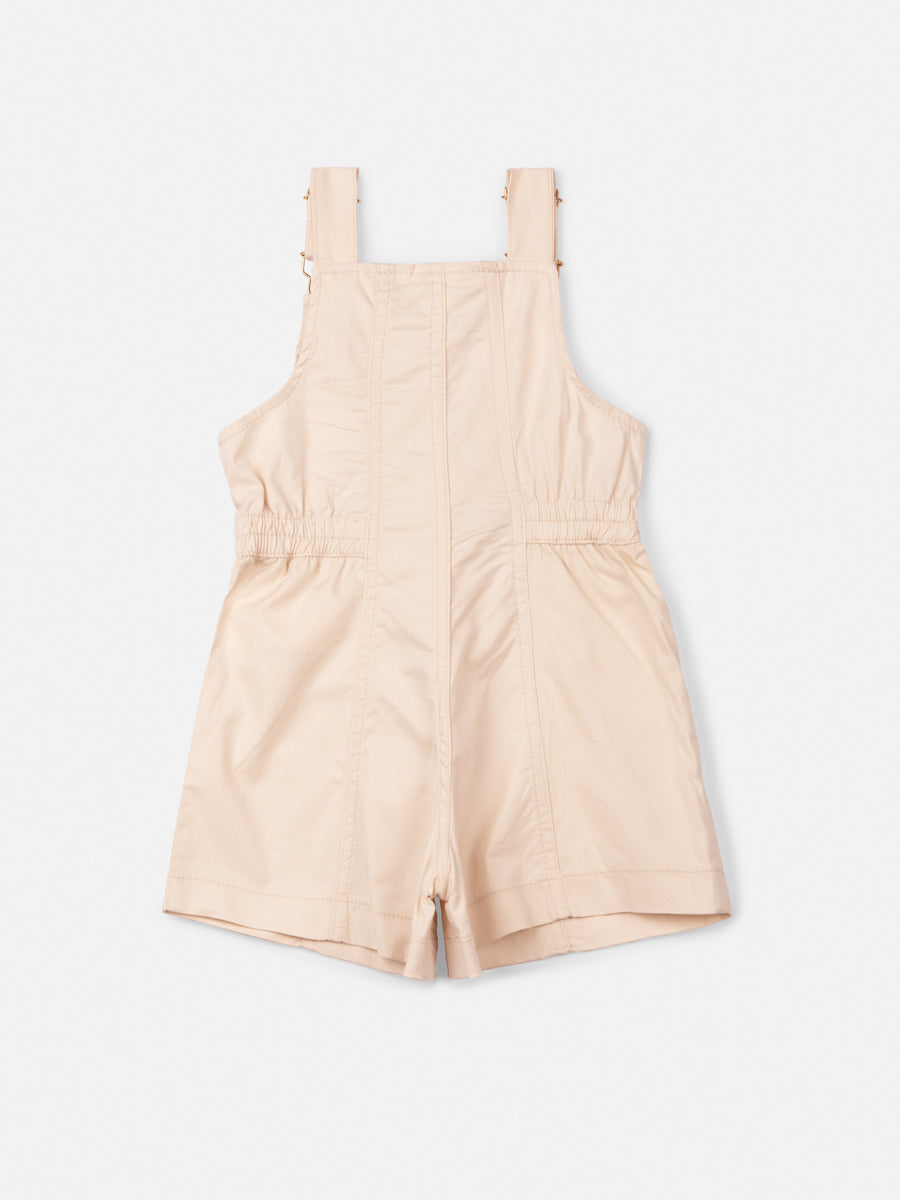 Jardineira Infantil Animê Verão Bege e Blusa Balonê com Strass