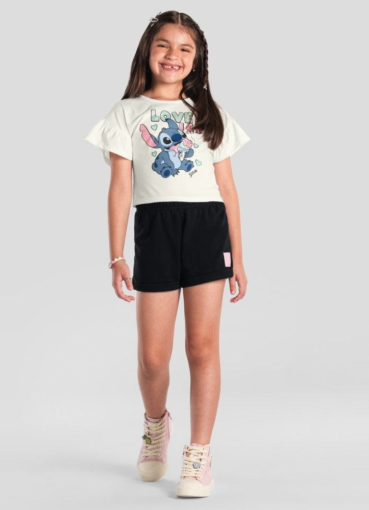 Conjunto Infantil Menina Brandili com Shorts Preto e Blusa Branca Stitch Love Ice Disney
