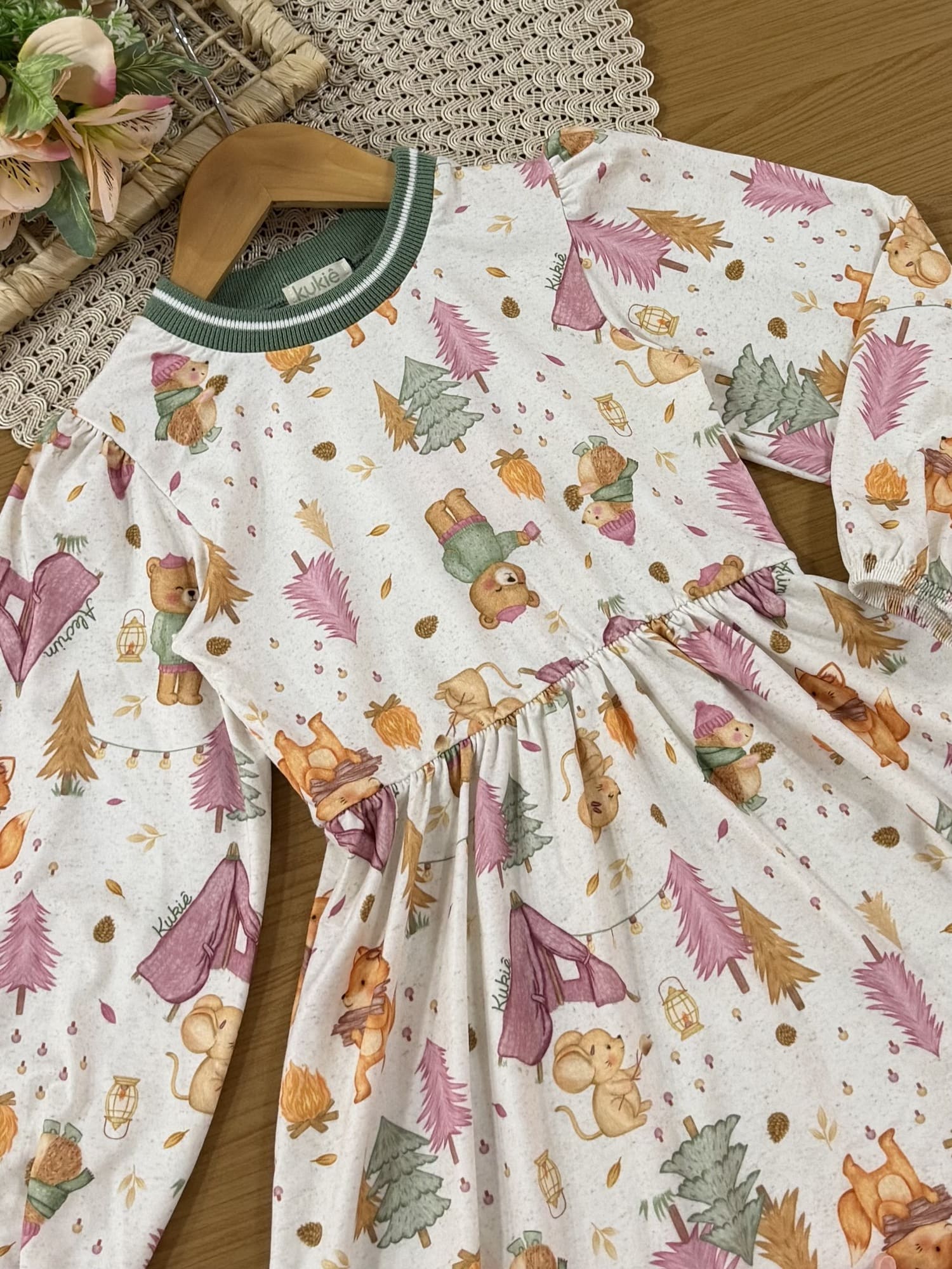Vestido Infantil Kukiê Inverno Manga Longa Off White Animais na Floresta