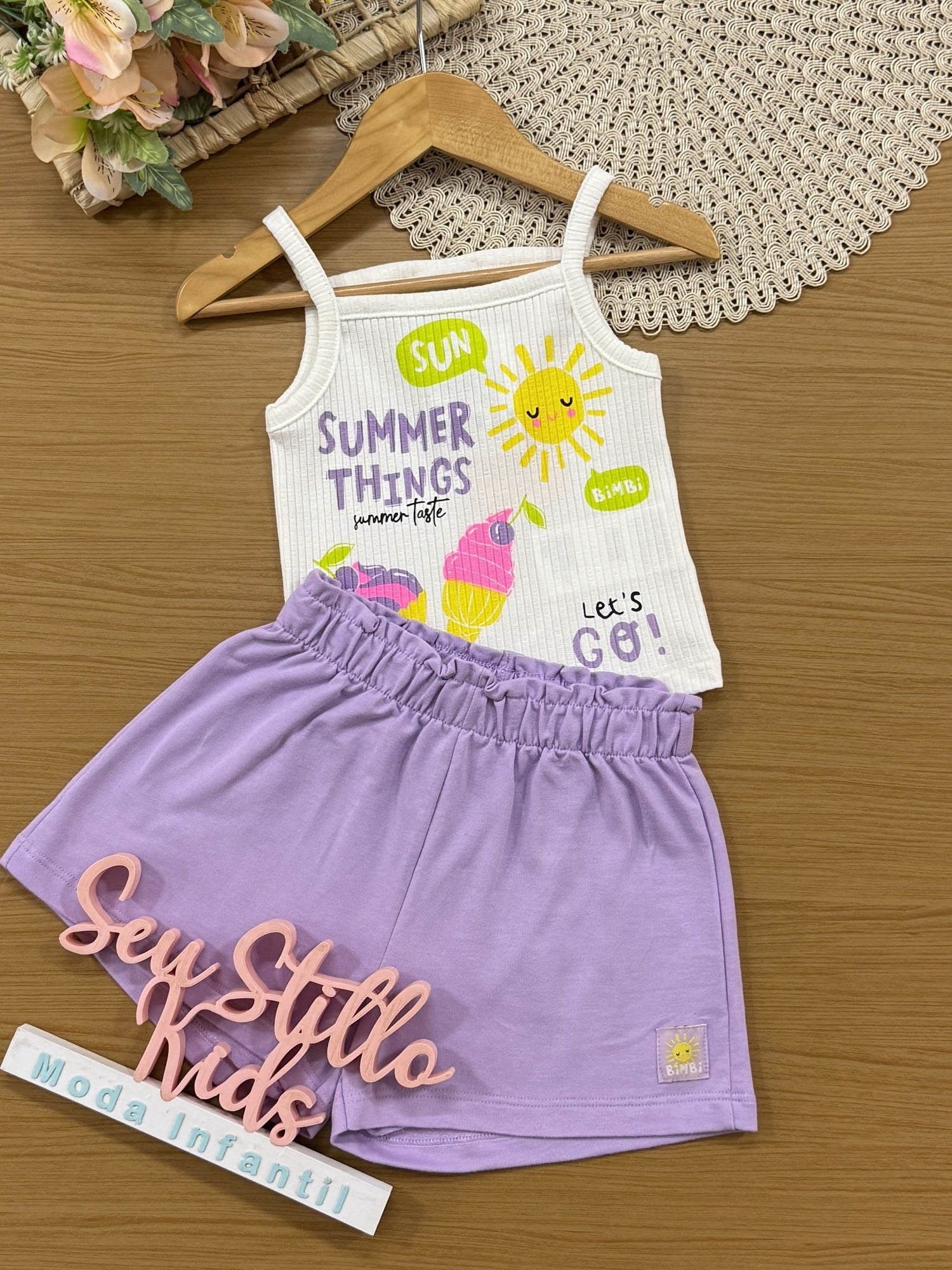 Conjunto Infantil Bimbi Verão com Short Roxo e Blusa Branca Sabor Verão