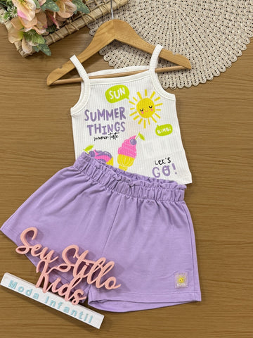 Conjunto Infantil Bimbi Verão com Short Roxo e Blusa Branca Sabor Verão