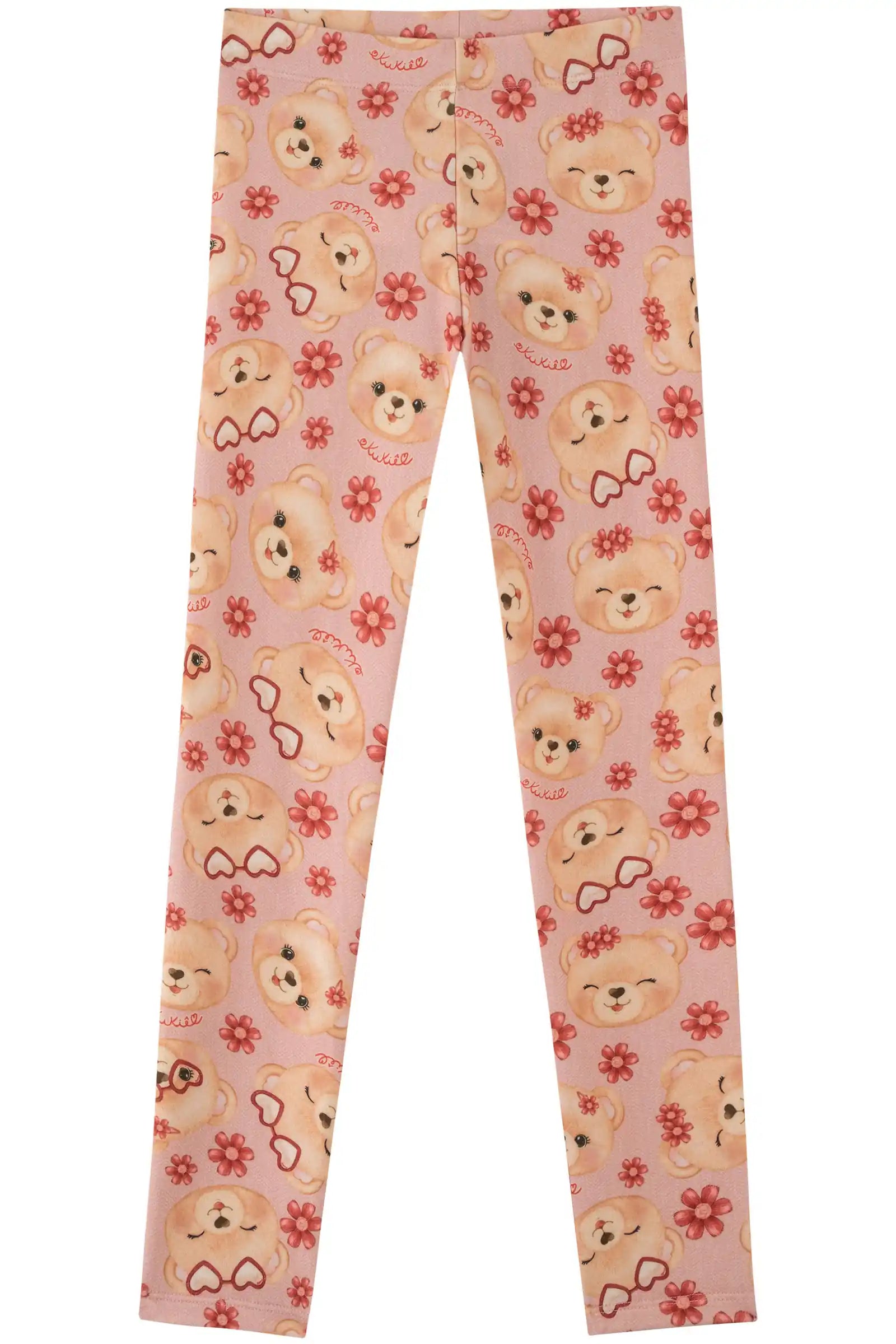 Calça Legging Infantil Kukiê Inverno Rosa Ursinha e Flores