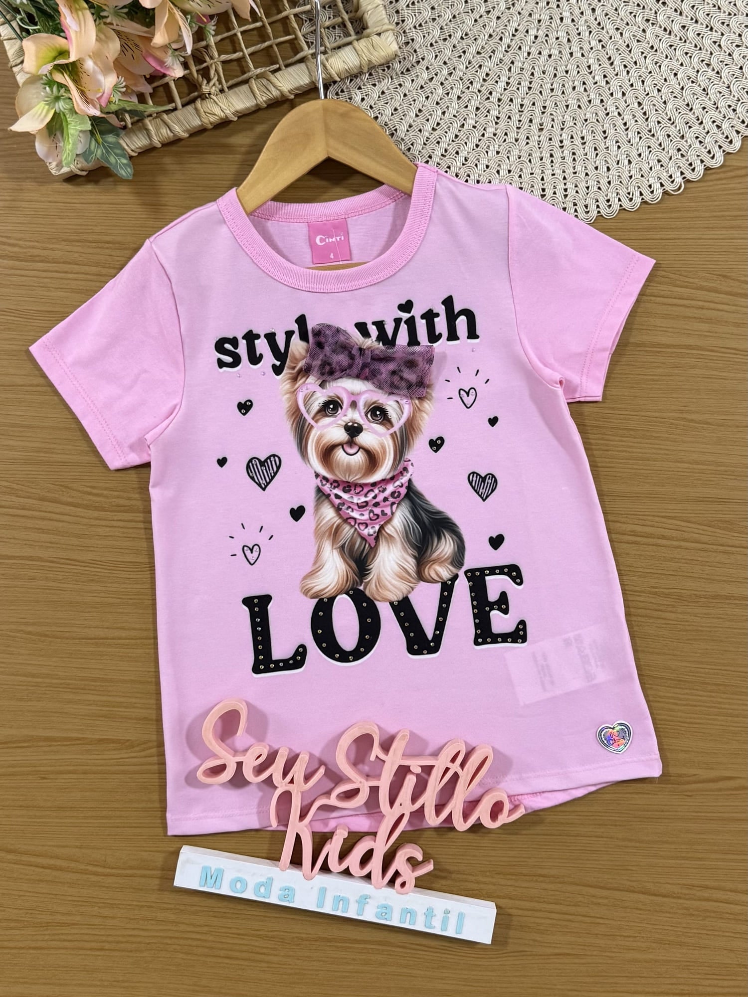 Blusa Infantil Cinti Verão com Laço Rosa Cachorrinha
