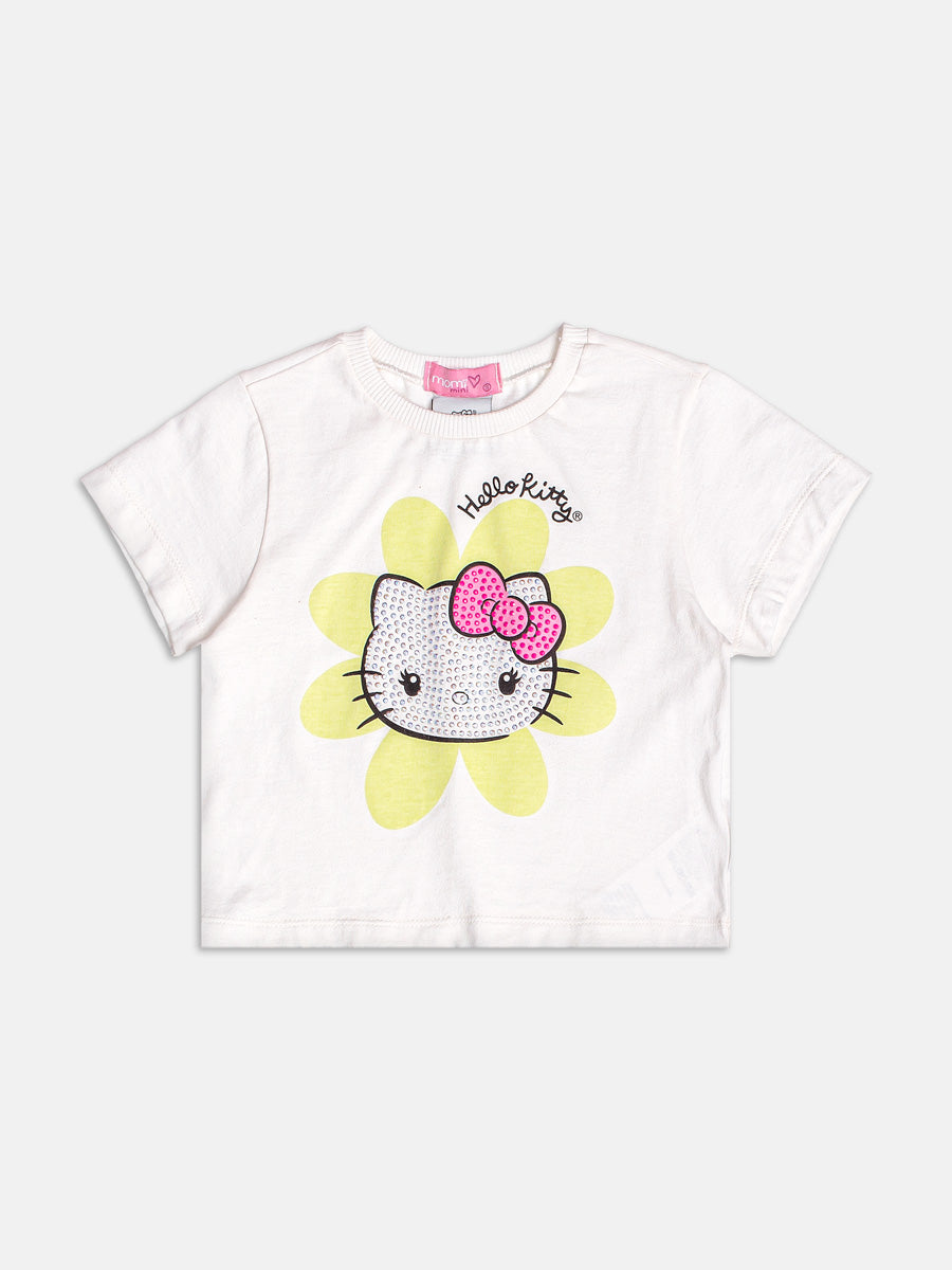 Conjunto Infantil Momi Verão com Shorts Verde e Blusa Branca Hello Kitty com Strass