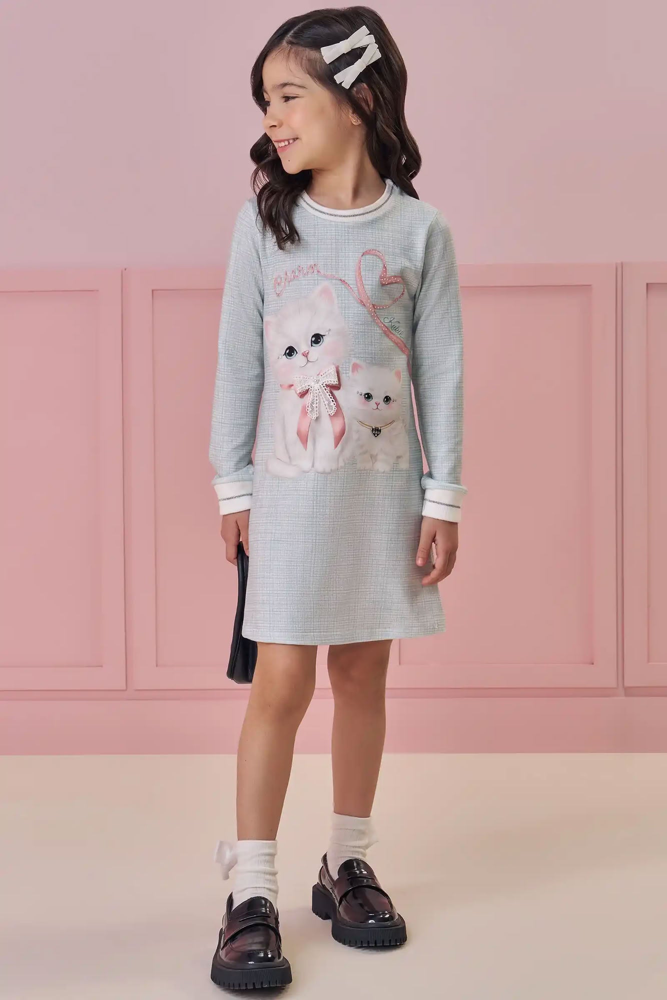 Vestido Infantil Kukiê Inverno Azul Gatinhas Lacinho