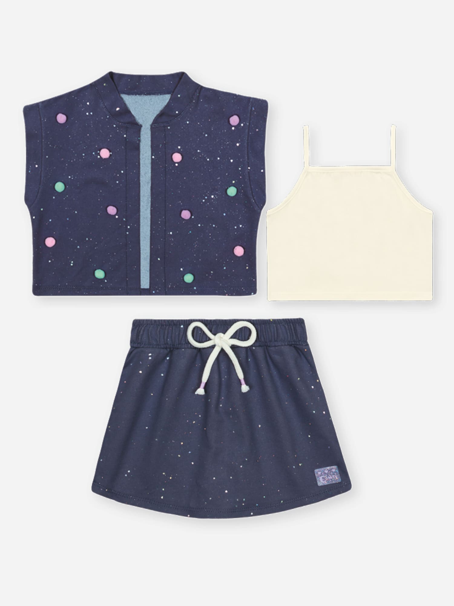 Conjunto Infantil Cinti Verão com Shorts Saia e Cropped com Colete Azul Escuro