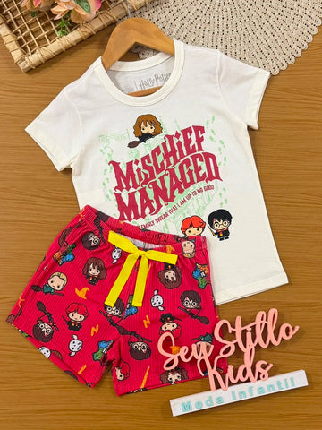 Pijama Infantil Menina Veggi com Shorts Vermelho e Blusa Harry Potter