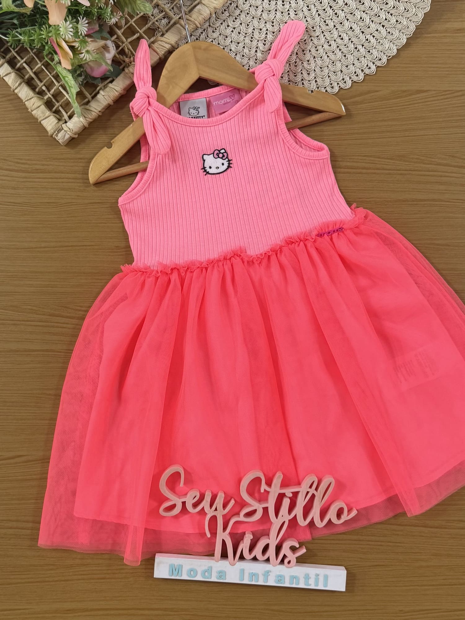 Vestido Infantil Momi Verão Rosa com Tule Hello Kitty