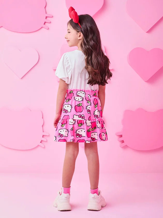 Conjunto Infantil Momi Verão Saia Rosa e Blusa Hello Kitty