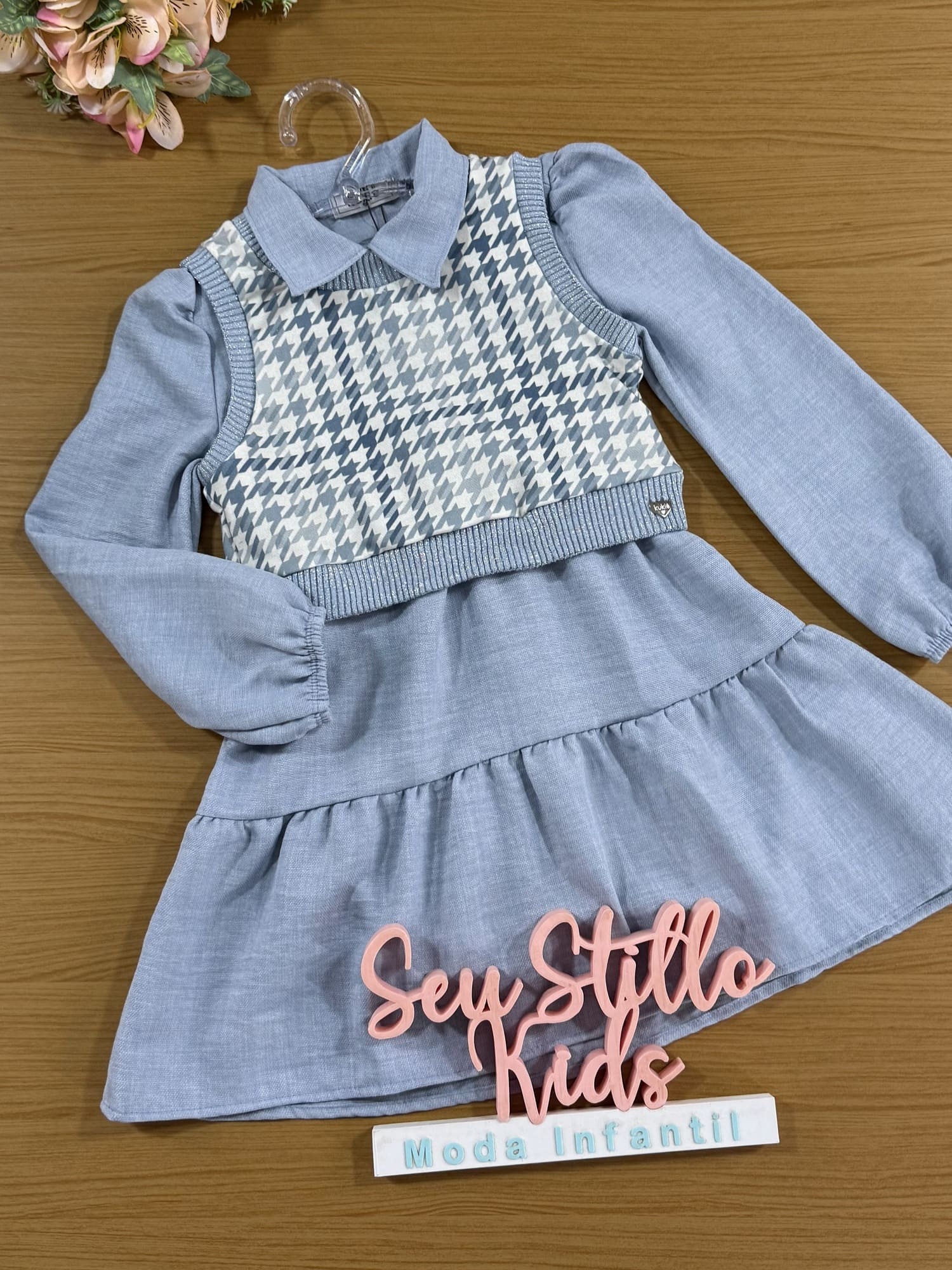 Vestido Infantil Kukiê Inverno  Azul Claro com Colete
