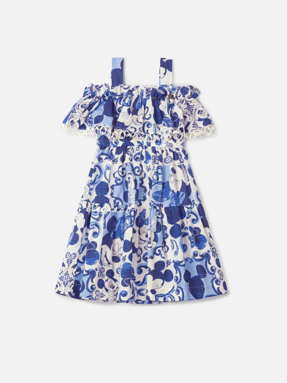 Vestido Infantil Animê Verão Azul Minnie e Mickey Disney
