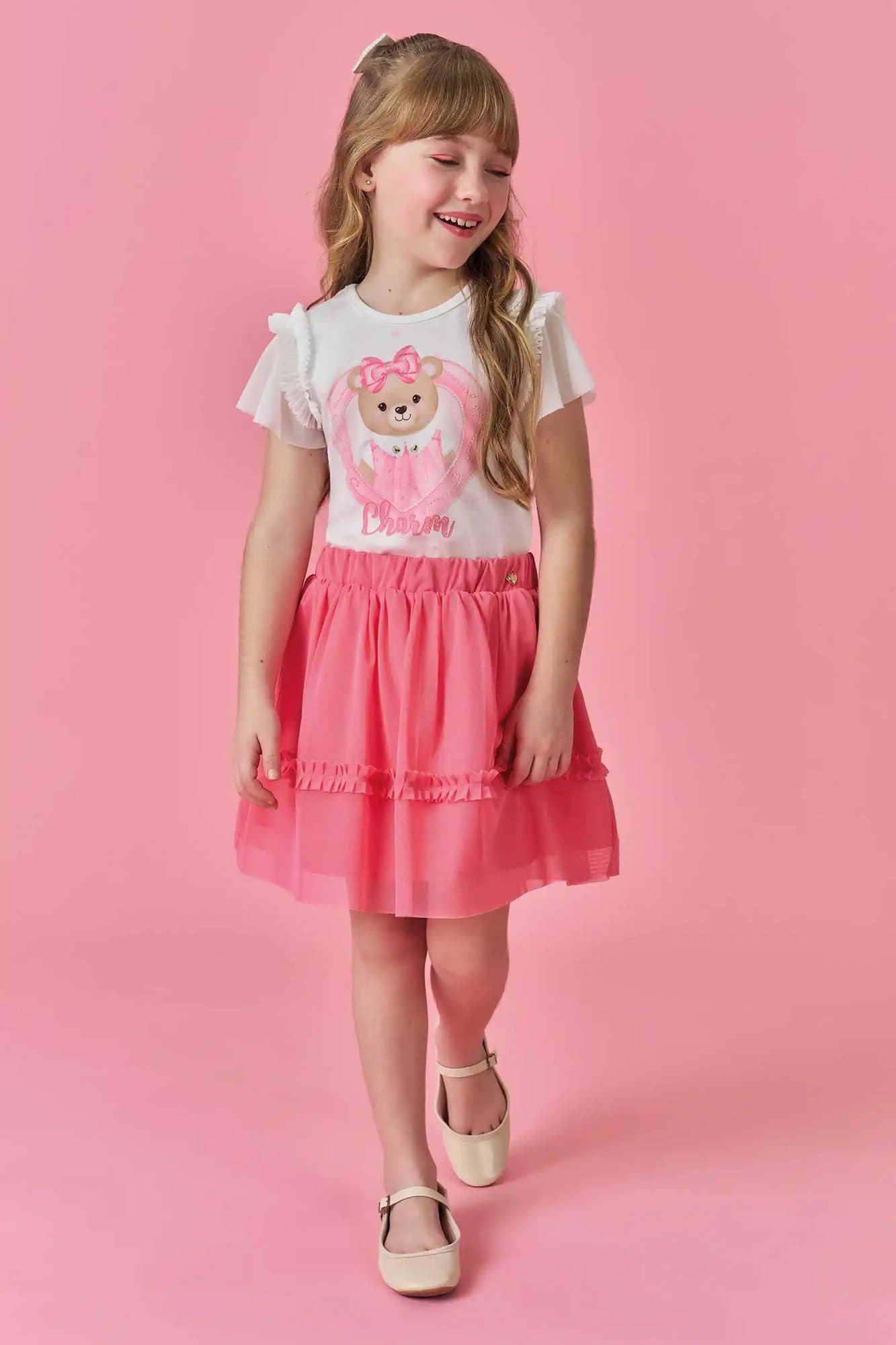 Conjunto Infantil Kukiê Inverno com Saia Tule Rosa e Blusa Ursinha Charm