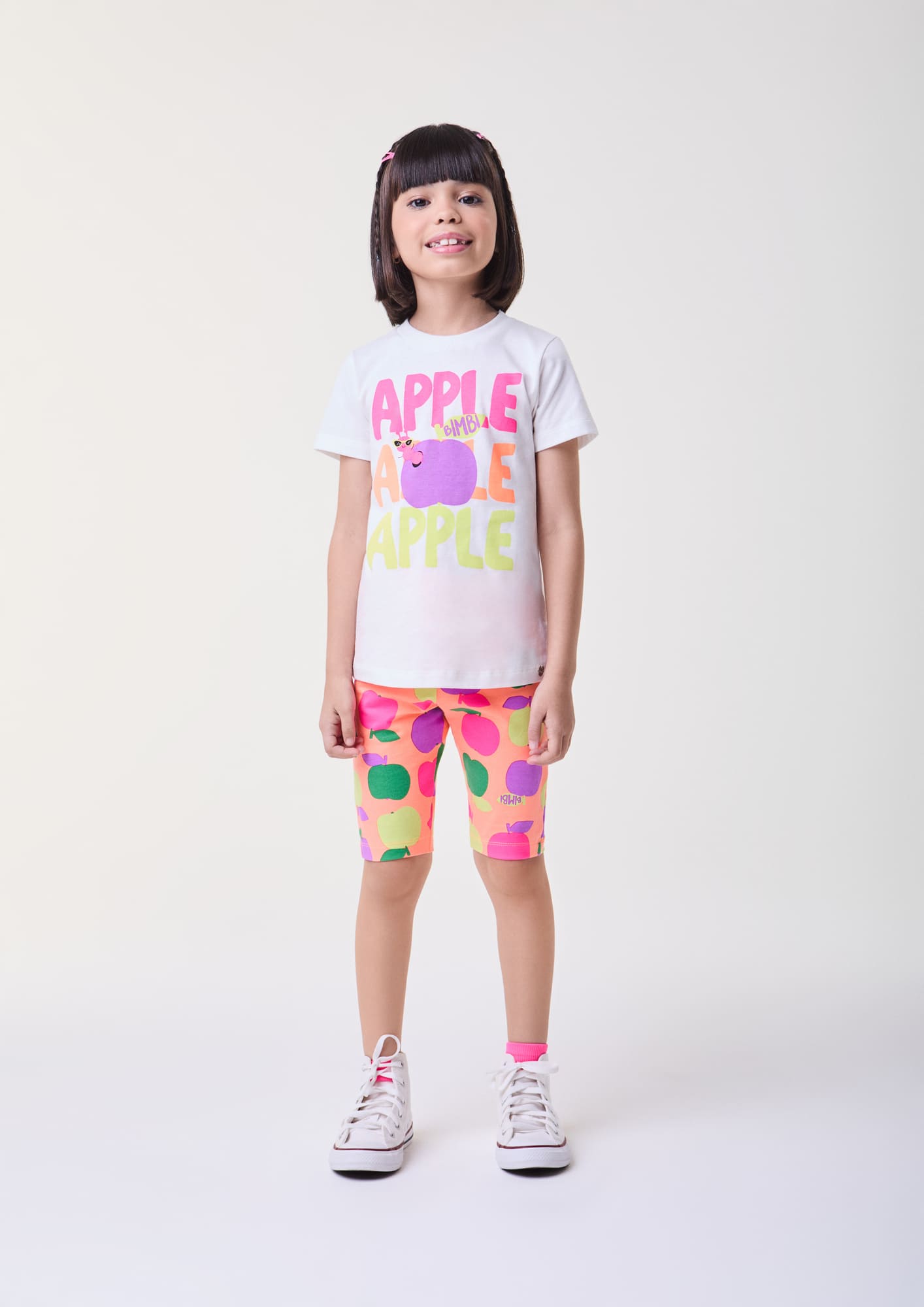 Conjunto Infantil Bimbi Verão com Shorts Laranja e Blusa Branca Apple