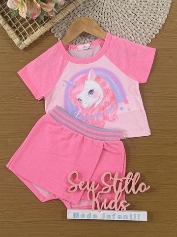 Conjunto Infantil Kukiê Verão com Shorts Saia e Blusa Rosa Unicórnio