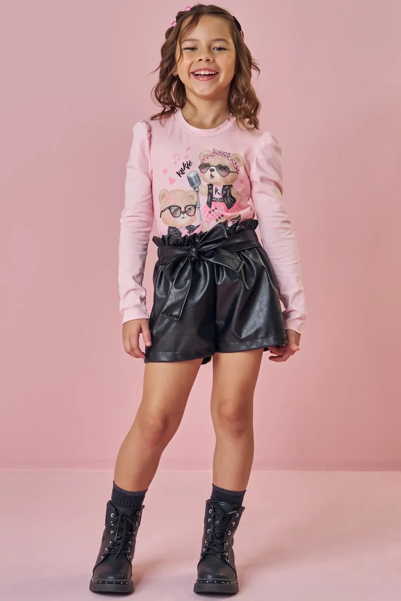 Conjunto Infantil Kukiê Inverno com Shorts Preto e Blusa Manga Longa Ursinhas Rockstar