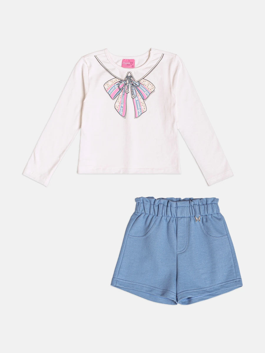 Conjunto Infantil Momi Inverno com Shorts Azul e Blusa Manga Longa Lacinho Colorido
