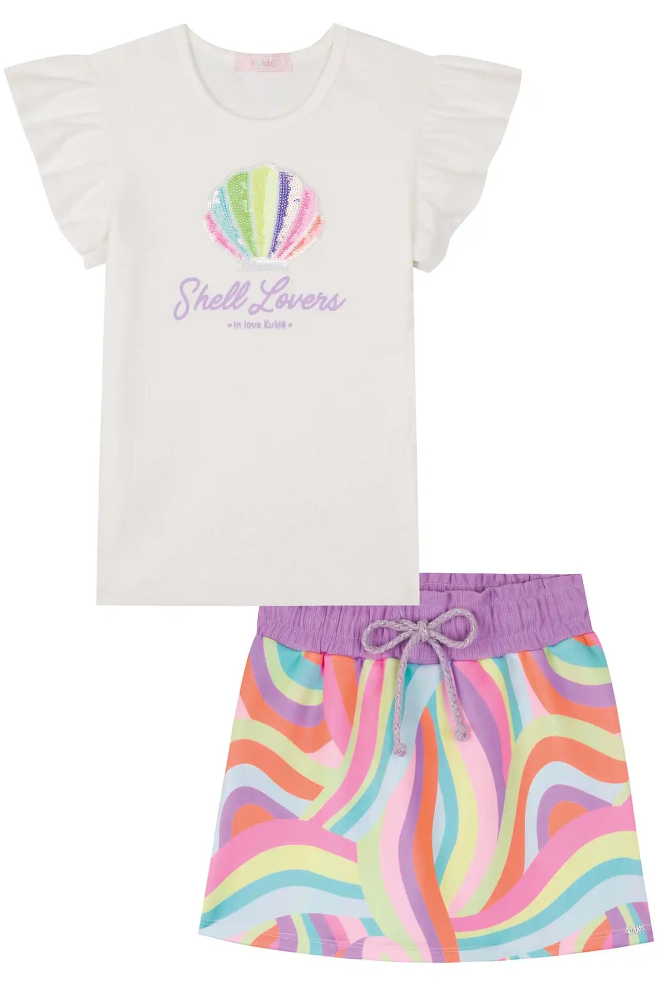 Conjunto Infantil Kukiê Verão com Shorts Saia Colorido e Blusa Branca Concha