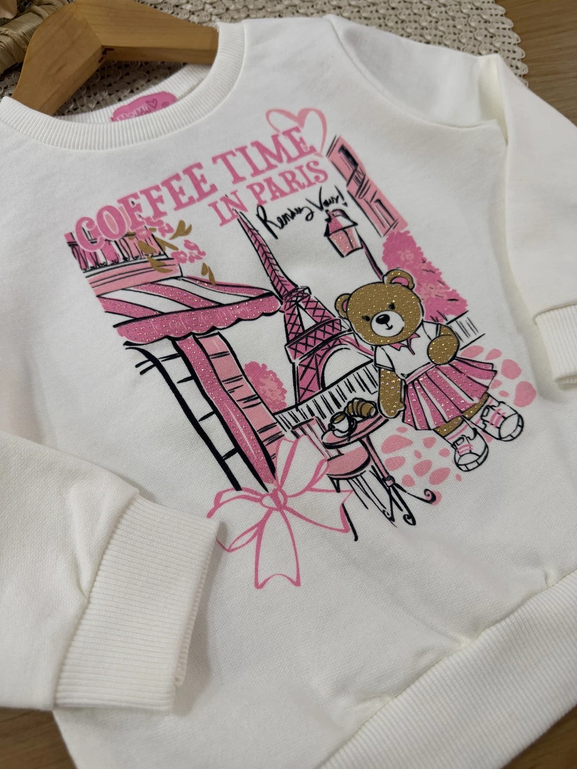 Conjunto Infantil Momi Inverno com Calça Legging Rosa e Moletom sem Flanela Ursinha em Paris