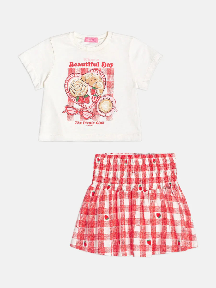 Conjunto Infantil Menina Momi com Saia Vermelha Xadrez e Blusa Branca Picnic Strass
