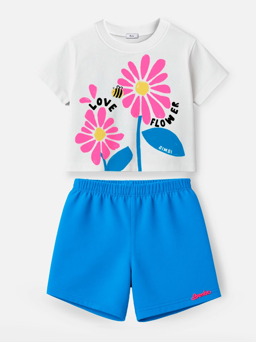 Conjunto Infantil Bimbi Verão com Shorts Azul e Blusa Branca Love Flower