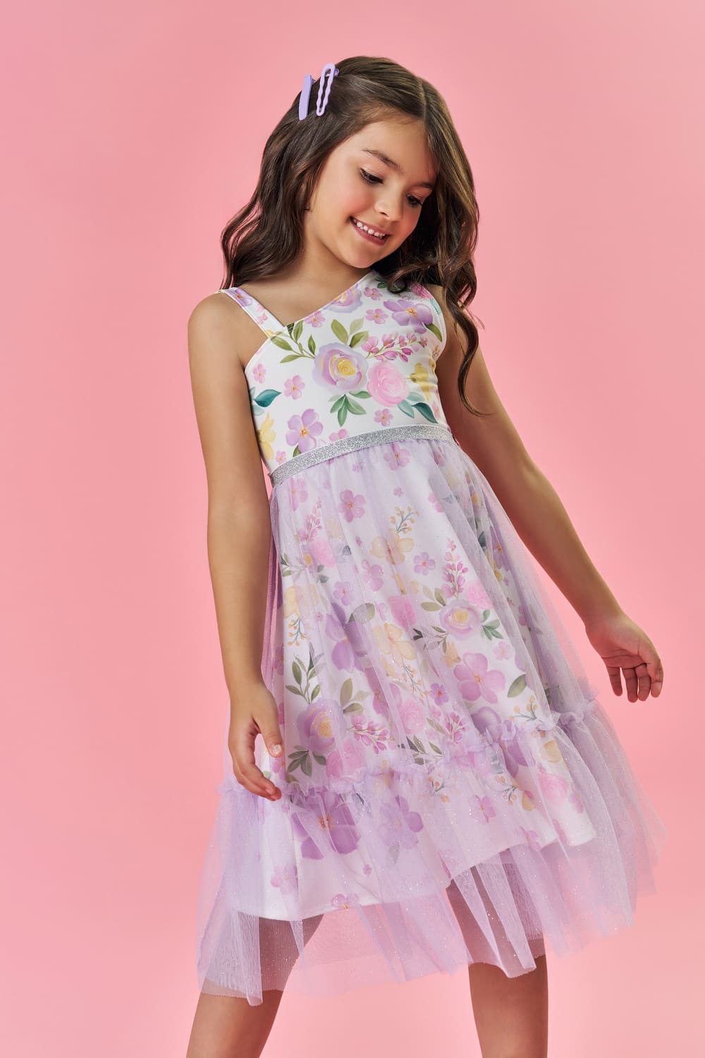 Vestido Infantil Cinti Verão Floral com Saia Tule Removível