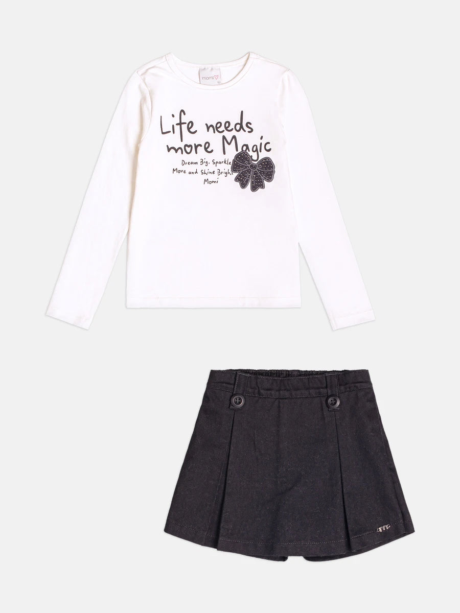 Conjunto Infantil Momi Inverno Shorts Saia Preto e Blusa Manga Longa Lacinho
