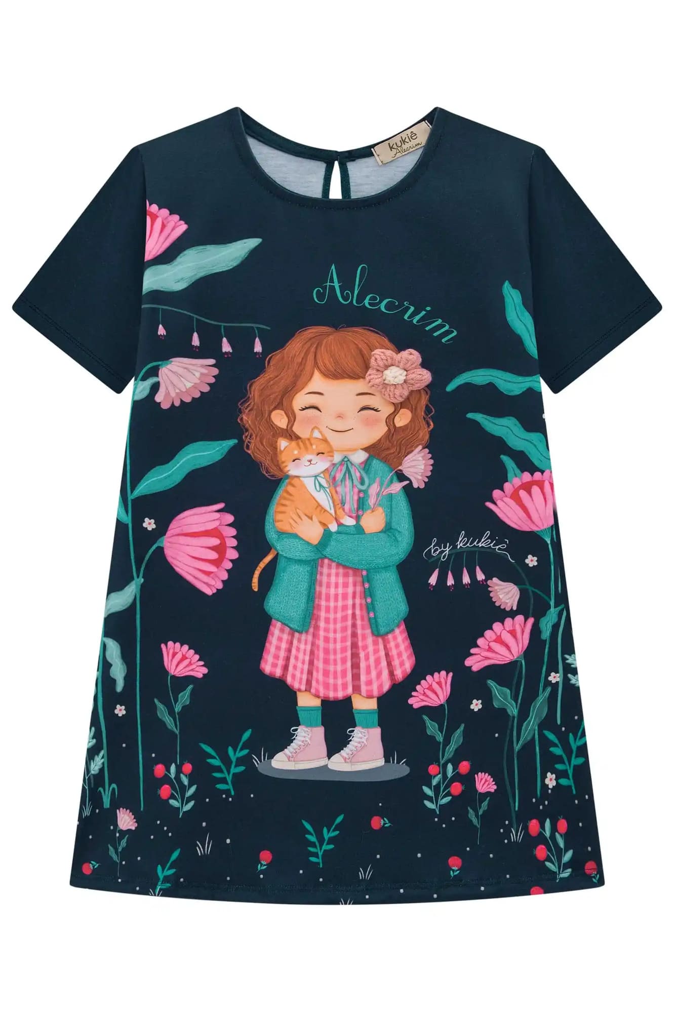 Vestido Infantil Kukiê Inverno Alecrim Manga Logan Azul Marinho Menina no Campo