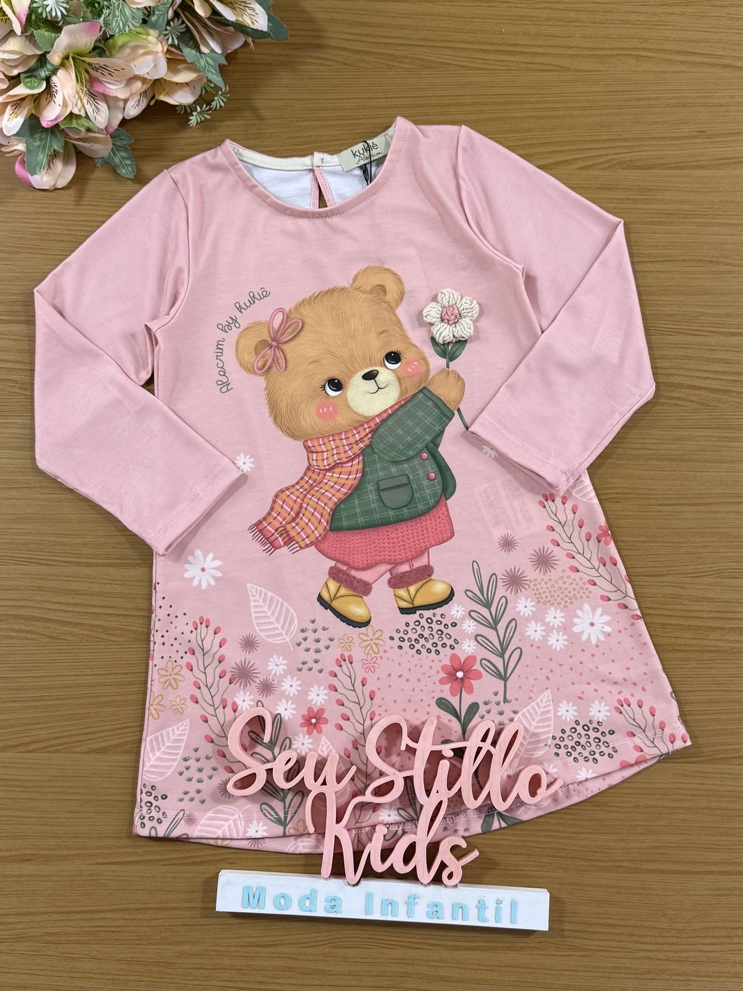 Vestido Infantil Kukie Alecrim Inverno Rosa Ursinha