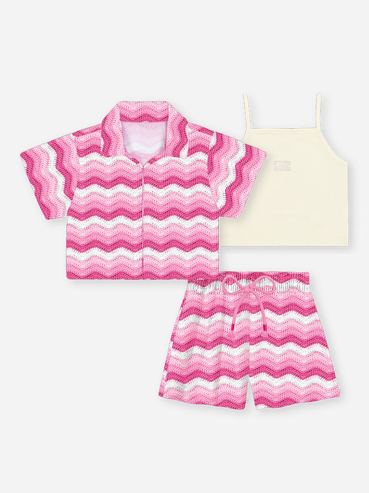 Conjunto Infantil Cinti Verão, Shorts Saia e Sobreposição Tricô 3D e Cropped Branca