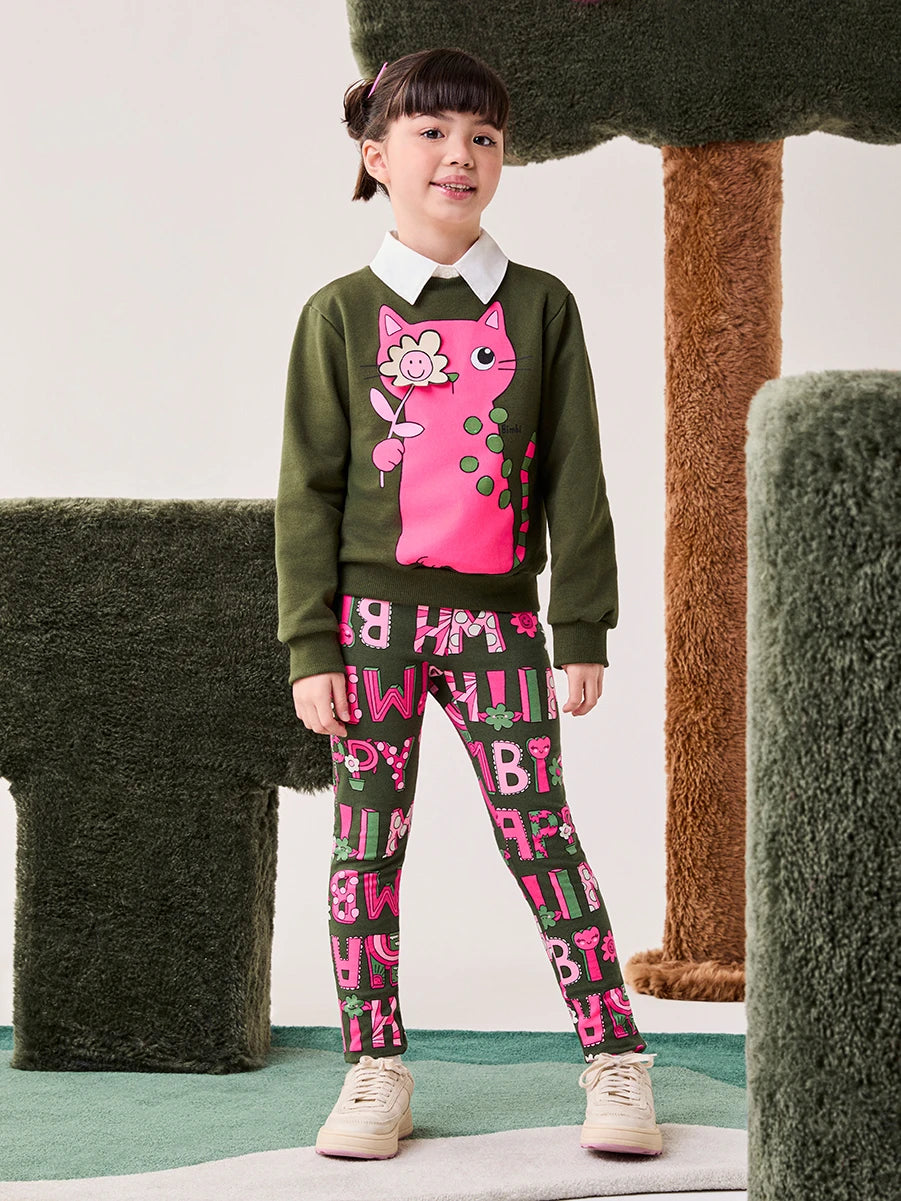 Conjunto Infantil Bimbi Inverno com Calça Legging e Moletom Flanelado Verde Escuro Gainha Florzinha