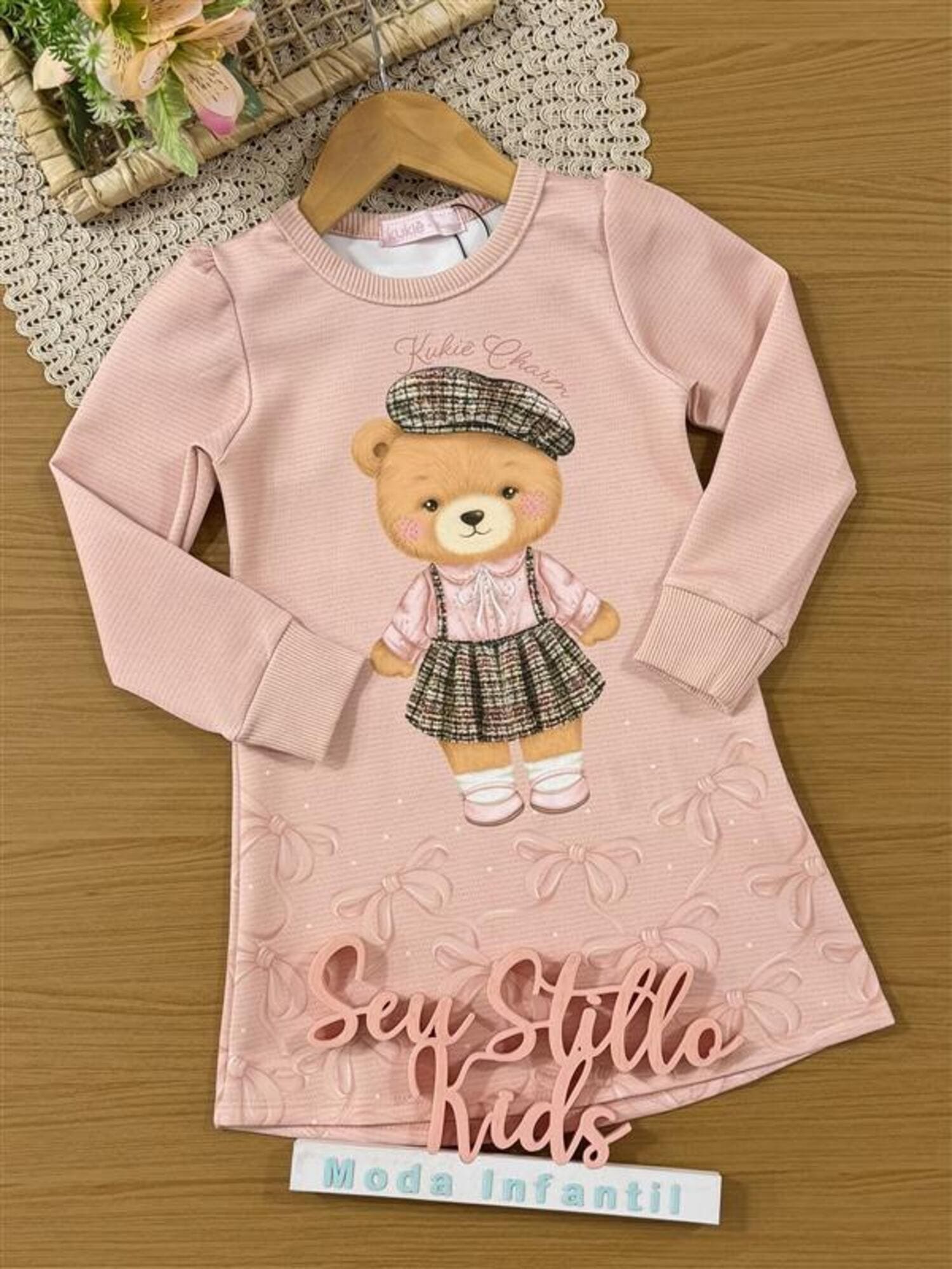 Vestido Infantil Kukiê Inverno Rosa Ursinha e Lacinhos