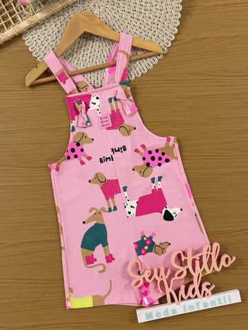 Jardineira Infantil Bimbi Inverno Rosa Cachorrinhos