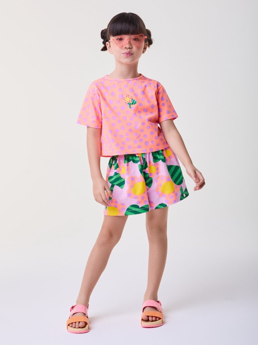 Conjunto Infantil Bimbi Verão com Shorts Lilás e Blusa Laranja Bolinhas